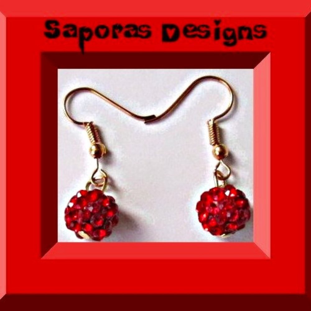 Gold Tone Dangle Earrings With Red Ball Round Circle Designs